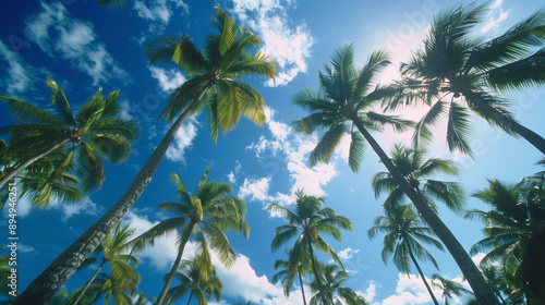 green palm trees with blue sky background  calming  vacation/holiday backgrounds © MonkaLemonka