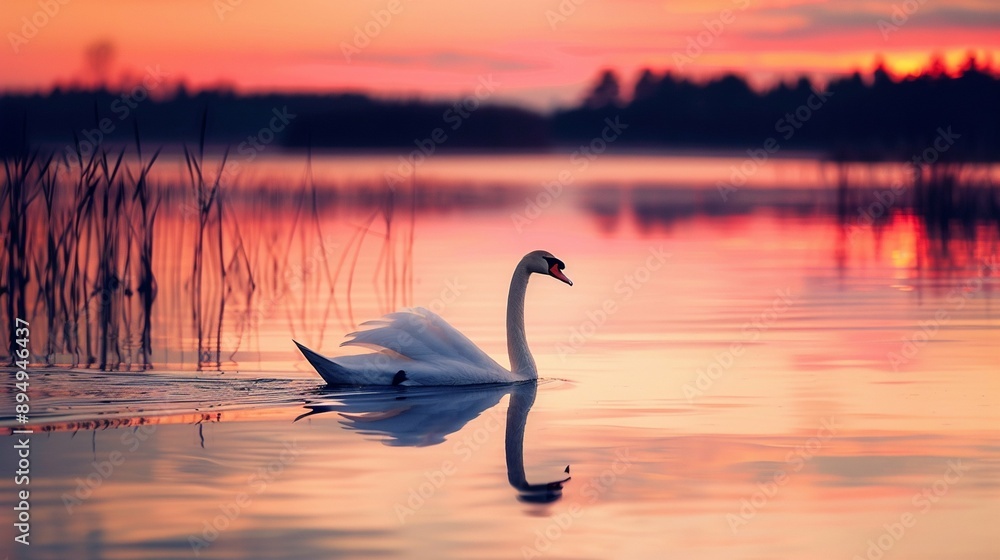 Fototapeta premium A swan is swimming in a lake with a beautiful sunset in the background