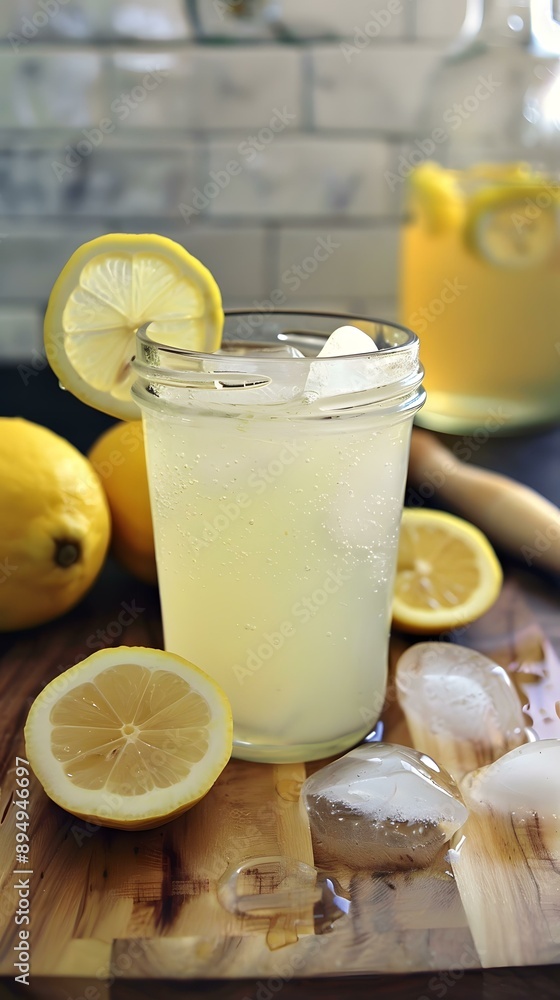 Glass of Lemonade with Ice and Lemon Slices on Wooden Cutting Board Glass of Lemonade with Ice and Lemon Slices on Wooden Cutting Board
