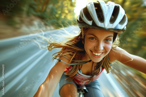 Smiling woman riding bicycle on the mountain road. Selfie photography of face and body of happy girl.
