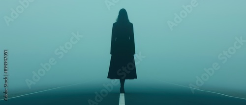A mysterious figure stands alone on a deserted road, shrouded in fog, evoking an eerie and atmospheric mood.
