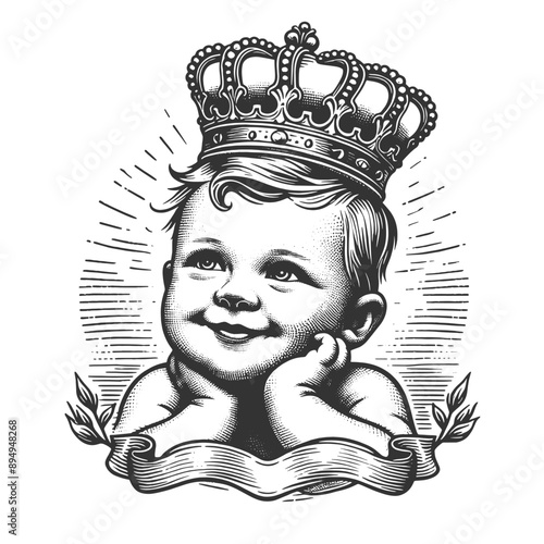 baby wearing a crown, innocence and royalty, for classic and nostalgic themes sketch engraving generative ai fictional character vector illustration. Scratch board imitation. Black and white image.