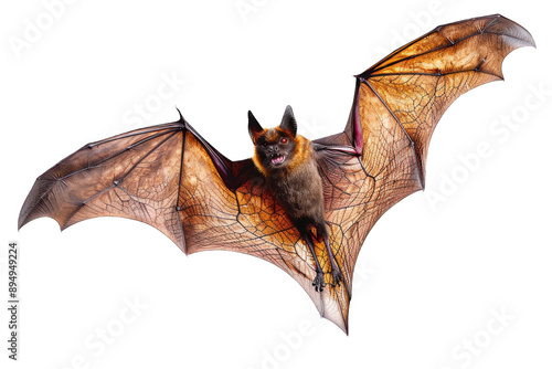 Flying Pipistrelle bat action shot of hunting animal transparent background or PNG file. This species is know for roosting and living in urban areas in Europe and Asia. photo