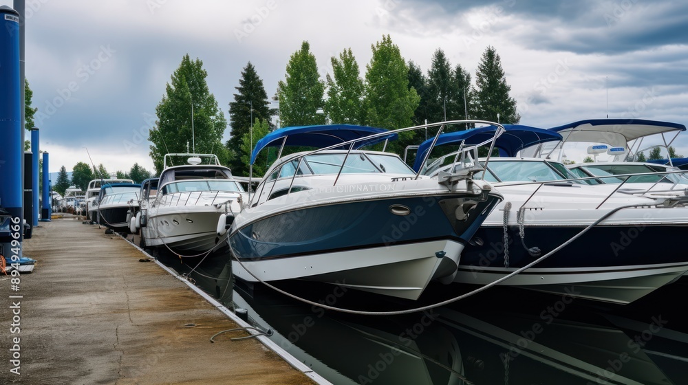 Fototapeta premium Boats on a trailer in the parking lot of a boat sports store for sale or rental, a sunny day with a blue sky in the background. luxury ship, maintenance, and parking place boat, marine industrial
