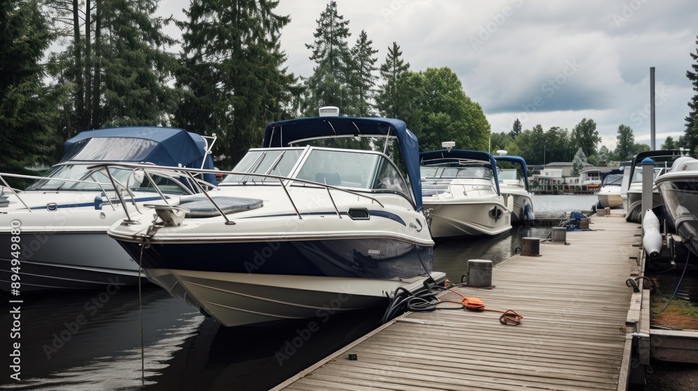 Fototapeta premium Boats on a trailer in the parking lot of a boat sports store for sale or rental, a sunny day with a blue sky in the background. luxury ship, maintenance, and parking place boat, marine industrial