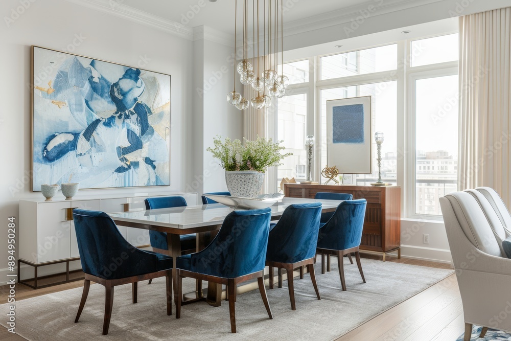 Luxury dining room interior design with blue chairs and table. Luxury dining room interior design with blue chairs and table.