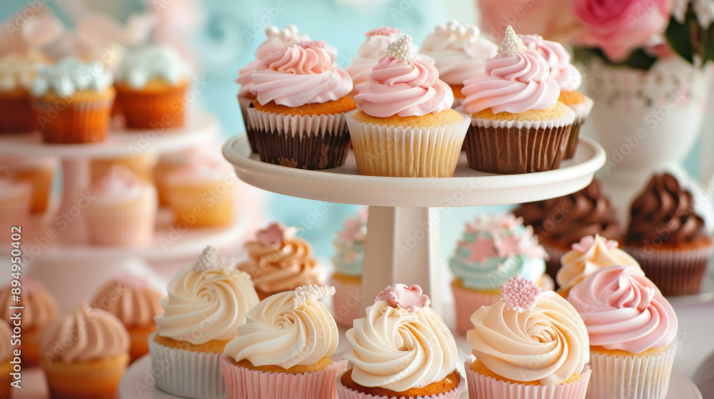 Array of beautifully decorated cupcakes on a white stand, featuring pastel colors and various frosting designs, with blurred background Array of beautifully decorated cupcakes on a white stand, featuring pastel colors and various frosting designs, with blurred background