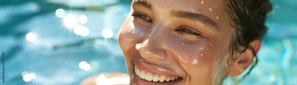 Obraz premium Close-up of a woman smiling with a glowing complexion, spa results, skincare success, radiant beauty, healthy lifestyle