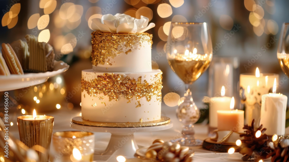 Elegant two-tiered wedding cake adorned with gold glitter and a decorative flower, surrounded by candles and festive decor Elegant two-tiered wedding cake adorned with gold glitter and a decorative flower, surrounded by candles and festive decor