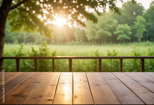 Obraz na płótnie Wooden floor with intricate details, blurred green forest in the background, natural light, photorealistic and serene, Product Display Template. w salonie