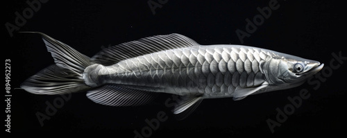 A sleek, silver arowana fish swimming effortlessly on a black background. The fish's elongated body and smooth, gliding motion create a sense of elegance and grace as it moves through the water. photo