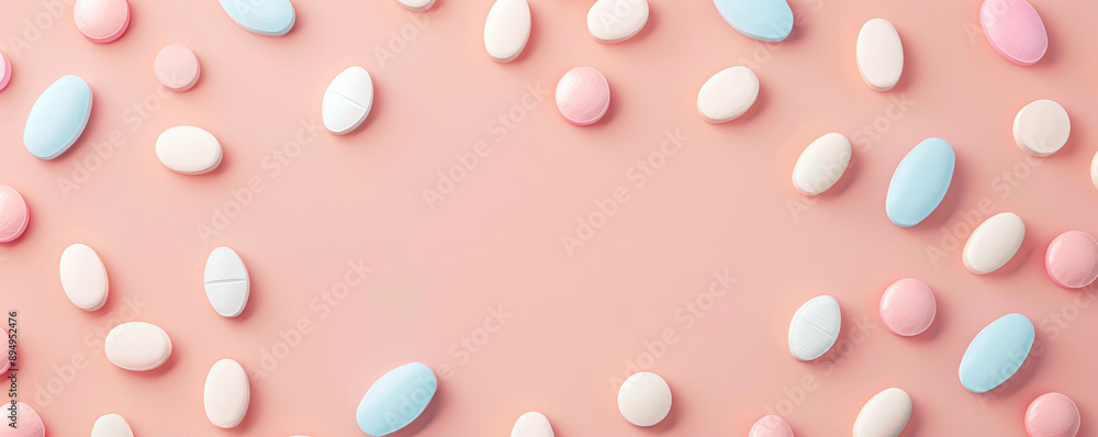 An overhead view of different shaped and colored pills arranged neatly on a pastel pink background. The soft color palette provides a calm and clean space for text in the center of the image. An overhead view of different shaped and colored pills arranged neatly on a pastel pink background. The soft color palette provides a calm and clean space for text in the center of the image.