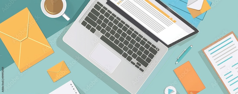 Aerial view of a modern workspace with laptop, coffee cup, documents, and notepads on a tidy desk. Perfect for business or education themes. Aerial view of a modern workspace with laptop, coffee cup, documents, and notepads on a tidy desk. Perfect for business or education themes.