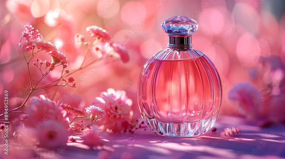 Elegant Pink Perfume Bottle with Flowers Elegant Pink Perfume Bottle with Flowers