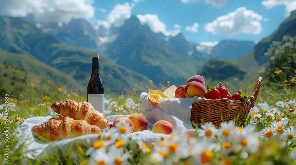 Fototapeta premium Picnic basket filled with peaches, strawberries, and other fruit sits in mountain meadow. Bottle of wine and croissants lay on white tablecloth, while wild daisies bloom in grass around.
