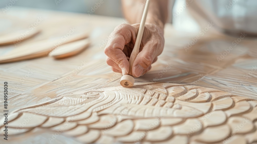 An older man is drawing a spiral on a piece of wood with a pencil An older man is drawing a spiral on a piece of wood with a pencil