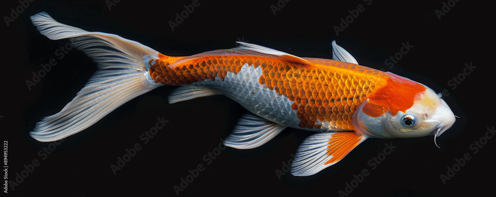 A dynamic koi fish swimming gracefully on a black background. The fish's bright orange and white patterns create a striking contrast, emphasizing its smooth and rhythmic motion through the water. A dynamic koi fish swimming gracefully on a black background. The fish's bright orange and white patterns create a striking contrast, emphasizing its smooth and rhythmic motion through the water.