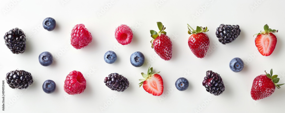 An assortment of organic ripe berries laid out on a white background, seen from above. The berries create a vibrant and appetizing display. An assortment of organic ripe berries laid out on a white background, seen from above. The berries create a vibrant and appetizing display.