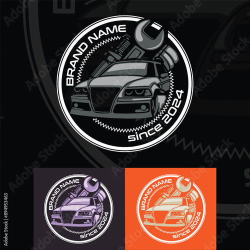 Auto service company logo, on a black background and with an additional two options.