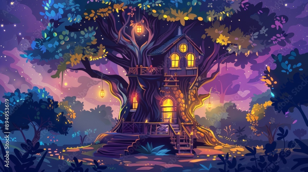 Obraz premium An elaborate tree house with whimsical architecture and magical lighting.