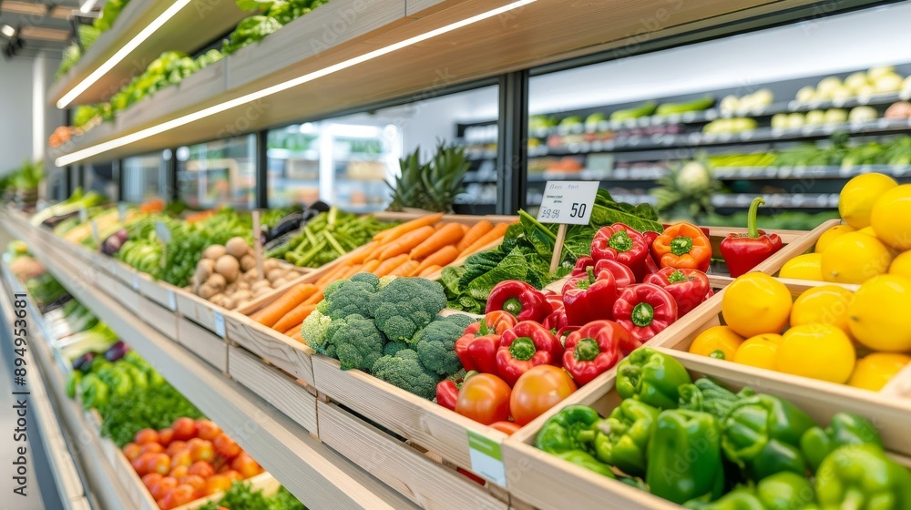 A variety of vegetables are displayed in a grocery store, including peppers A variety of vegetables are displayed in a grocery store, including peppers