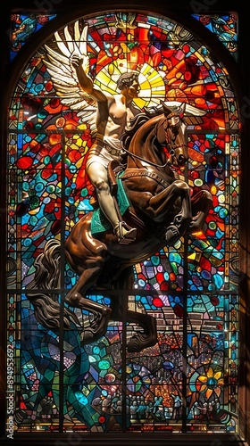 Hermes the Winged Messenger God Riding His Galloping Horse Across a Vibrant Stained Glass Stadium photo