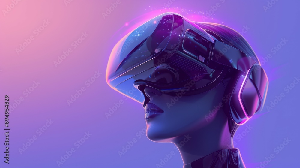 Woman exploring virtual reality. Close up of a woman wearing a VR headset, with a futuristic purple and pink gradient background. Woman exploring virtual reality. Close up of a woman wearing a VR headset, with a futuristic purple and pink gradient background.
