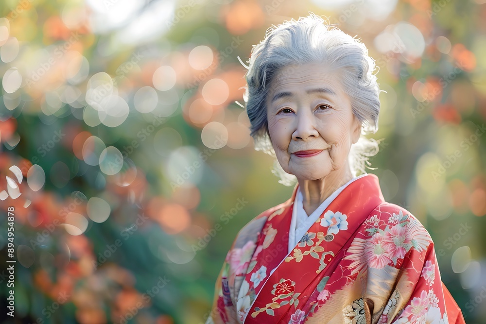Fototapeta premium An elegant image of an elderly woman in a traditional kimono standing outside against a serene nature background, representing culture and wisdom