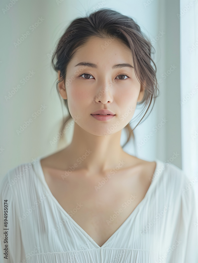 Woman with natural makeup looking at camera. A young woman with minimal makeup gazes directly at the camera with a serious expression. Woman with natural makeup looking at camera. A young woman with minimal makeup gazes directly at the camera with a serious expression.