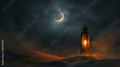 A lantern glowing softly in the dark, casting an ethereal light on a crescent moon and clouds above it. 