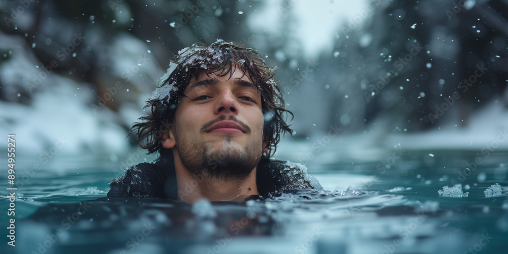 Fototapeta premium Man Submerged in Snowy Ice Bath Forest River Looking Confident