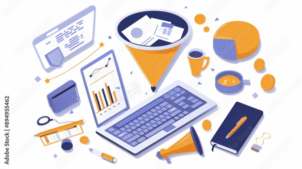 Flat lay of business analytics tools including charts, graphs, laptop, documents, and stationery for data analysis and finance concepts. Flat lay of business analytics tools including charts, graphs, laptop, documents, and stationery for data analysis and finance concepts.