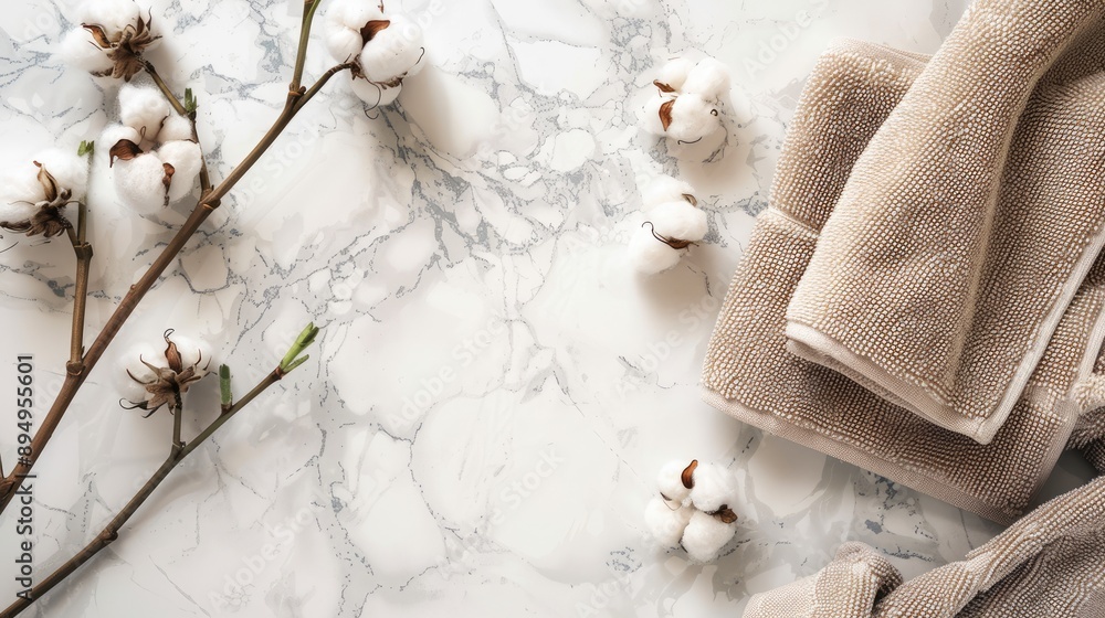 Neutral-colored towels and cotton flowers on marble backdrop with space for text. Neutral-colored towels and cotton flowers on marble backdrop with space for text.