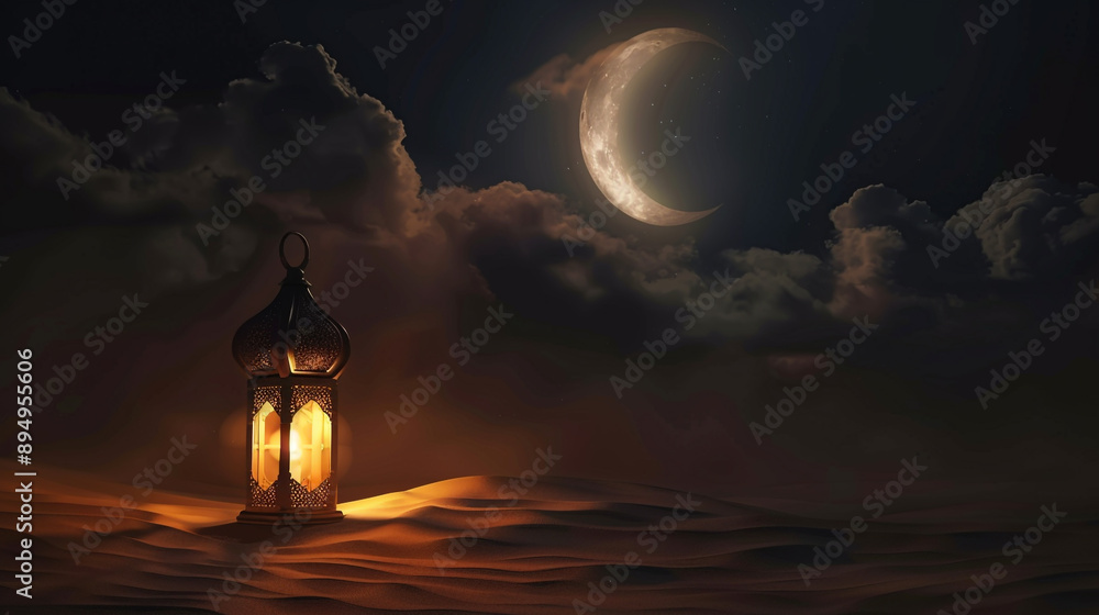 Fototapeta premium A lantern glowing softly in the dark, casting an ethereal light on a crescent moon and clouds above it. 