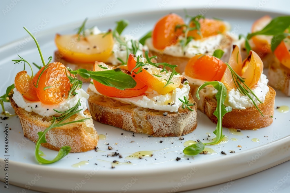 plate of bruschettas with ricotta, pears, and apricots plate of bruschettas with ricotta, pears, and apricots