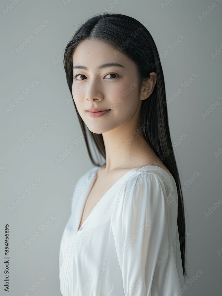 Woman in white blouse looking at camera. Portrait of a beautiful woman with long black hair, wearing a white blouse and looking directly at the camera. Woman in white blouse looking at camera. Portrait of a beautiful woman with long black hair, wearing a white blouse and looking directly at the camera.