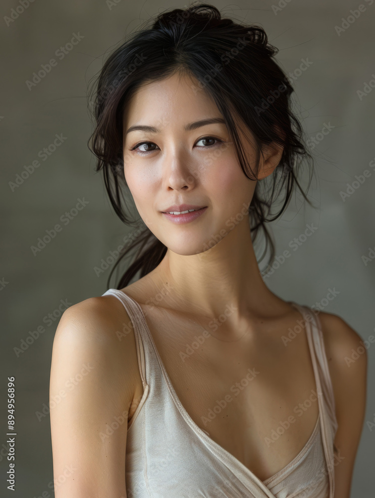 Serene beauty, natural look. Young woman with dark hair and delicate features exudes serenity and natural elegance. Serene beauty, natural look. Young woman with dark hair and delicate features exudes serenity and natural elegance.