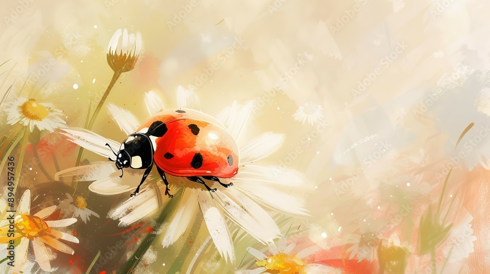 Obraz premium Ladybug on a daisy in a soft summer light. A vibrant ladybug rests delicately on a white daisy, bathed in the gentle warmth of summer sunlight.