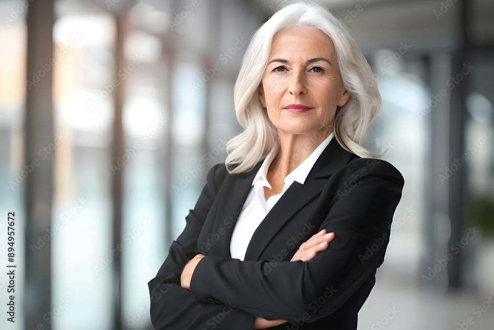 Confident senior businesswoman with white hair in a black suit, standing with arms crossed in a modern office environment Confident senior businesswoman with white hair in a black suit, standing with arms crossed in a modern office environment