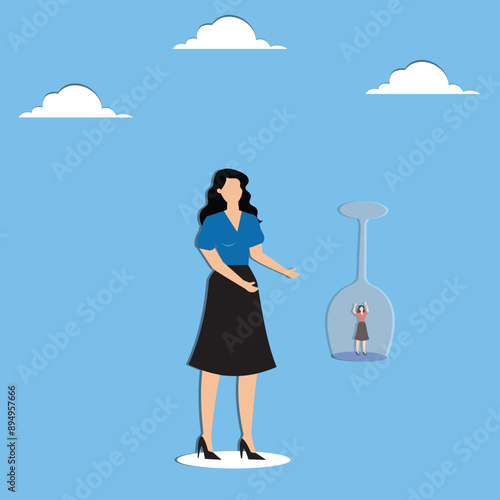Employee or customer retention, reduce churn rate or talent management, company loyalty or CRM customer relationship management concept, businesswoman hold glass to retain small employee inside