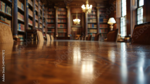 Wallpaper Mural Polished conference table in library. Gleaming wooden table reflects the warm light of a historic library, evoking a sense of learning, tradition, and scholarly pursuits. Torontodigital.ca