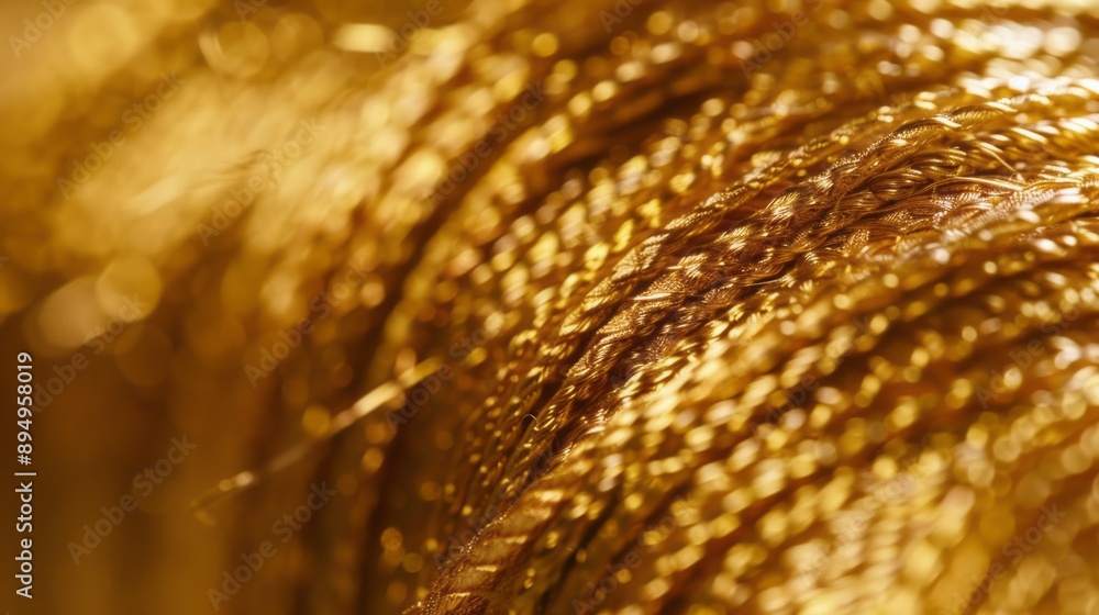 Golden thread close-up. A close-up image of a golden thread, revealing its intricate texture and delicate sheen. Golden thread close-up. A close-up image of a golden thread, revealing its intricate texture and delicate sheen.