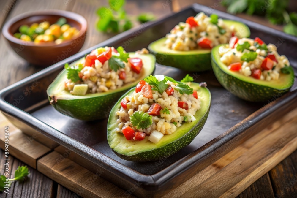 Stuffed avocado on tray Stuffed avocado on tray