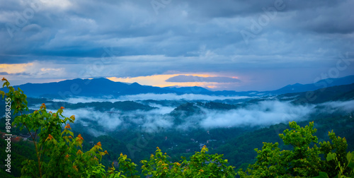 Photography Early morning fog over the Smoky Mountains in Tennessee USA