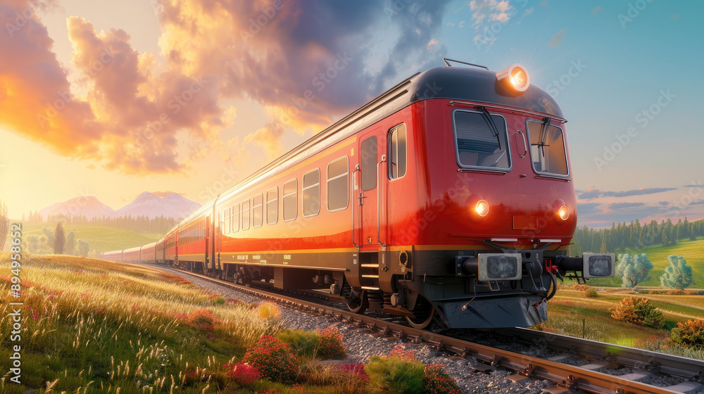 Explore a vibrant digital painting of a zero emission train journeying through scenic countryside. Perfect for eco tourism themes with ample space for text and depth of field. Explore a vibrant digital painting of a zero emission train journeying through scenic countryside. Perfect for eco tourism themes with ample space for text and depth of field.