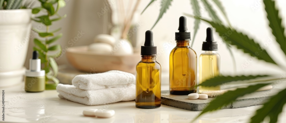 Bottles of hemp oil on a spa table, highlighting its use in natural skincare, hemp Oil, Organic beauty products Bottles of hemp oil on a spa table, highlighting its use in natural skincare, hemp Oil, Organic beauty products