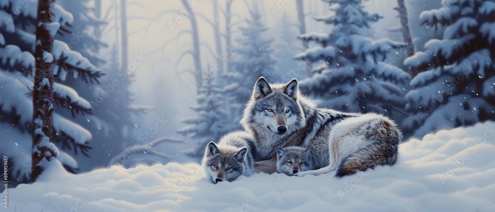 Obraz premium A wolf nursing her pups in a snowy wilderness, photo realistic, crisp detail, cool tones, soft fur, serene wildlife moment