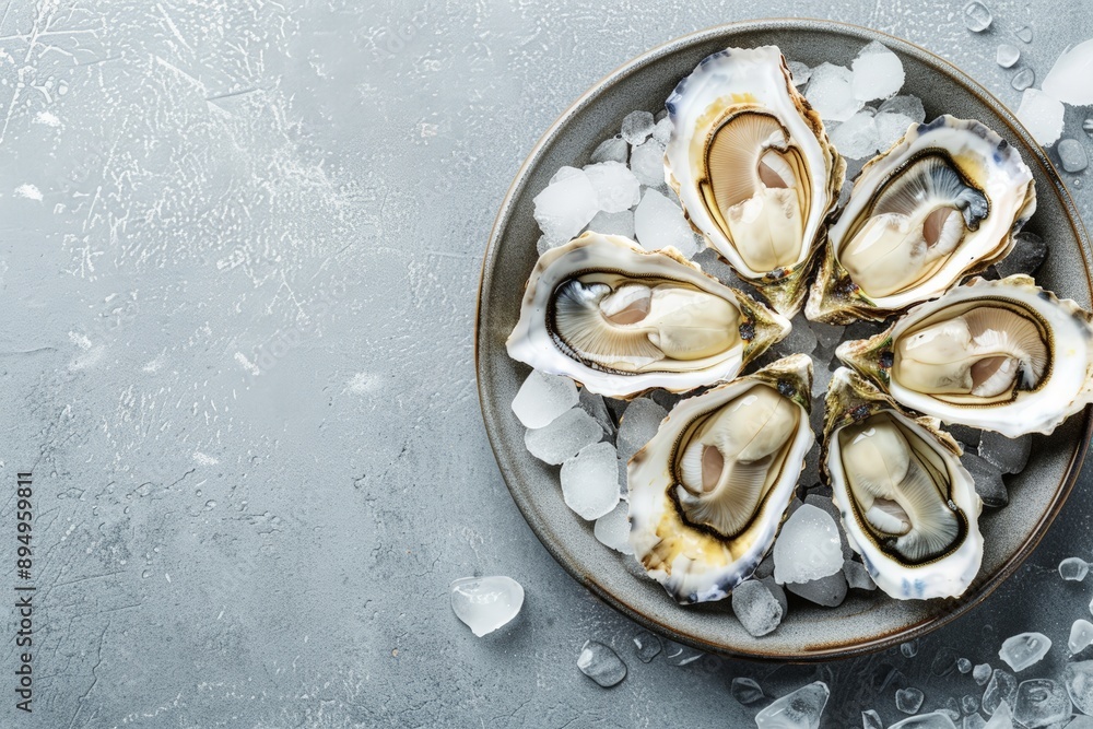 freshly shucked Fine de Claire oysters, arranged on a bed of crushed ice freshly shucked Fine de Claire oysters, arranged on a bed of crushed ice