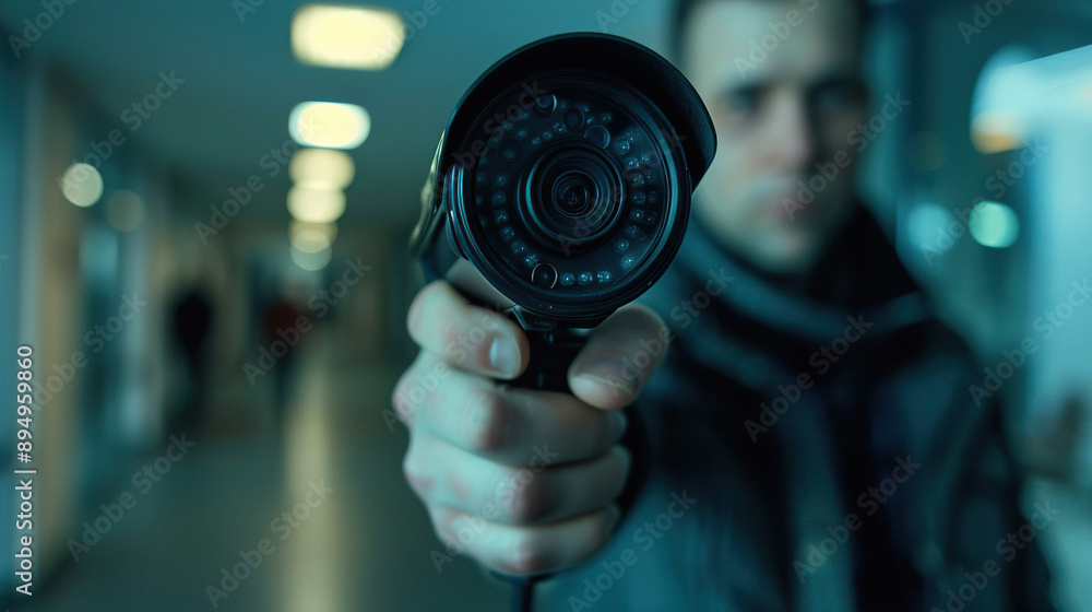 Fototapeta premium a man holding a surveillance camera in his hand, against an office background
