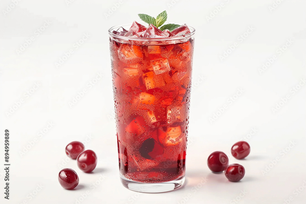 tall glass of cherry iced tea to go ,summer drink, iced tea white background tall glass of cherry iced tea to go ,summer drink, iced tea white background